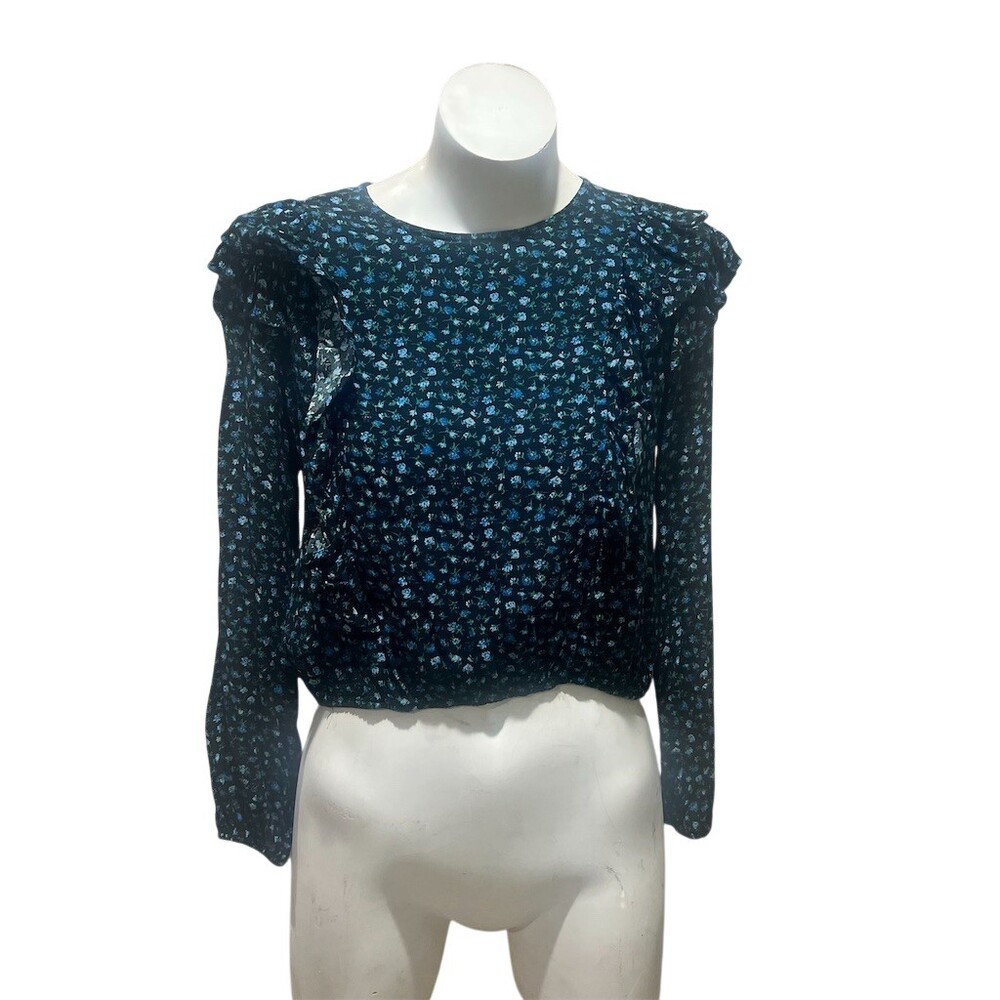 Wild Fable Blouse Womens M Black Blue Micro Floral Cropped Ruffle Top